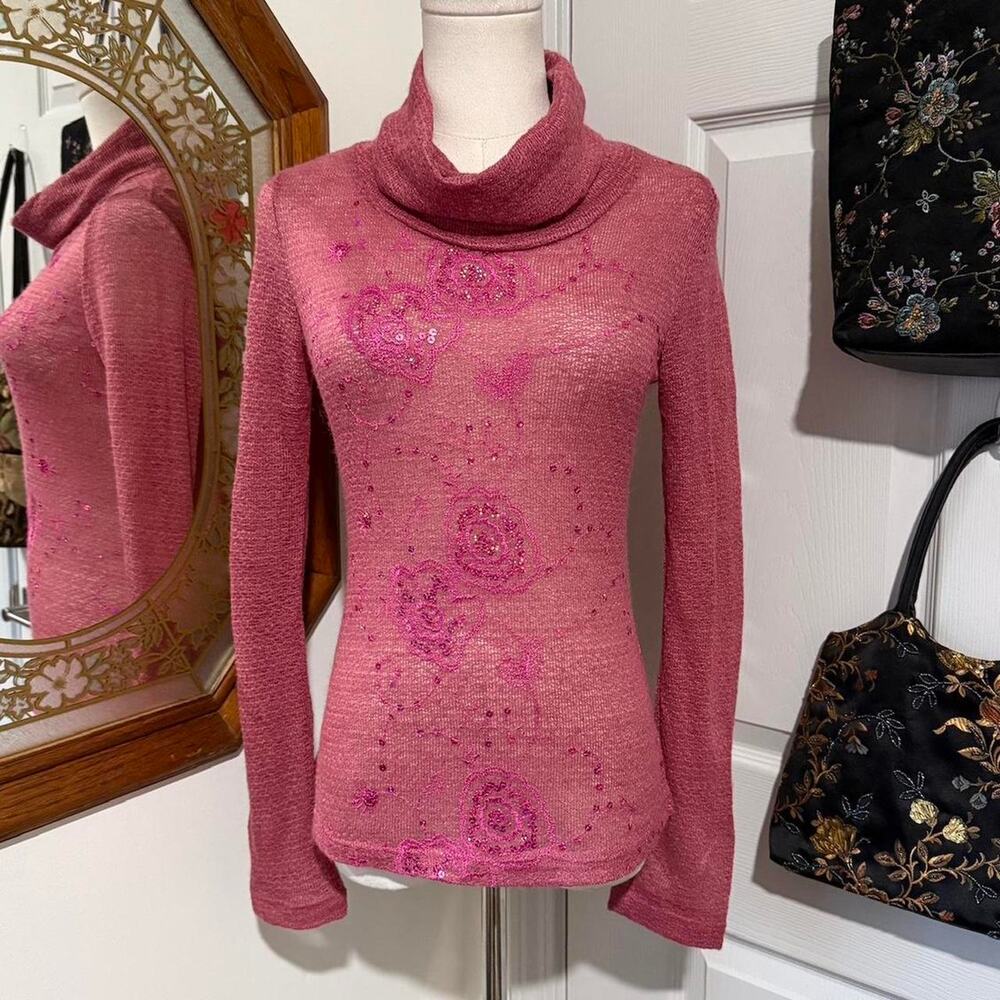 VTG Y2K Flamingo Pink Floral Embroidered Sequin Lightweight Glam Sweater Top S